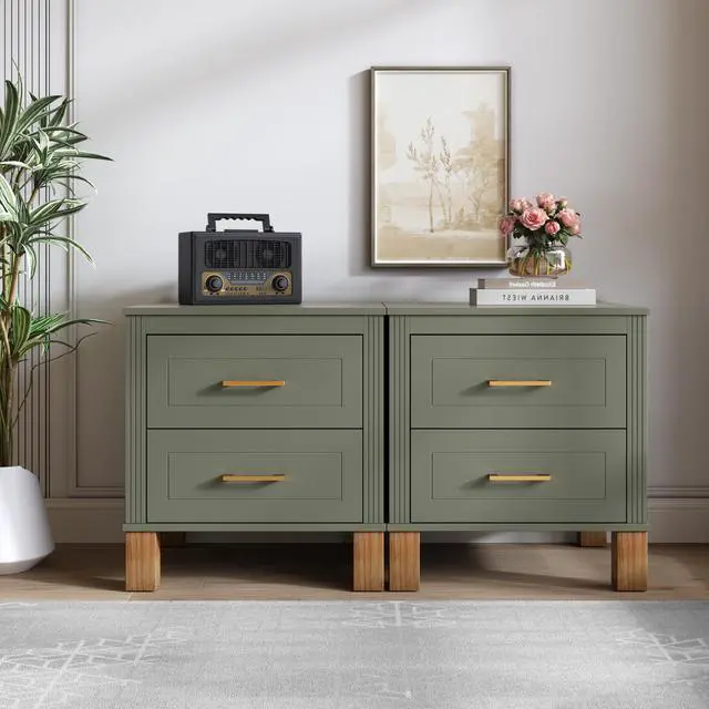 Alt view image 5 of 7 - 2 Drawer Nightstand, Premium Wood Storage With Elegant Fluted Design, Solid Wood Legs Nightstand With Metal Handle, Tall Bedside Table For Bedroom Living Room,Olive