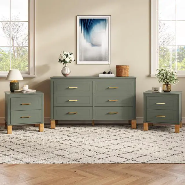 Alt view image 6 of 7 - 2 Drawer Nightstand, Premium Wood Storage With Elegant Fluted Design, Solid Wood Legs Nightstand With Metal Handle, Tall Bedside Table For Bedroom Living Room,Olive