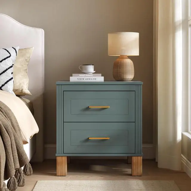 Alt view image 2 of 7 - 2 Drawer Nightstand, Premium Wood Storage With Elegant Fluted Design, Solid Wood Legs Nightstand With Metal Handle, Tall Bedside Table For Bedroom Living Room,Blue