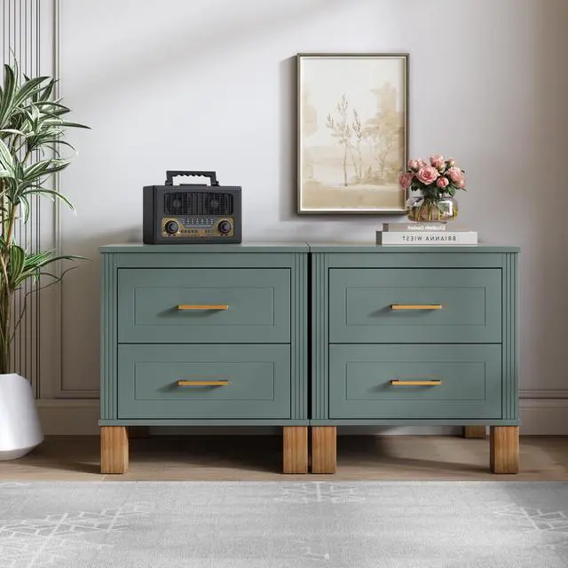 Alt view image 5 of 7 - 2 Drawer Nightstand, Premium Wood Storage With Elegant Fluted Design, Solid Wood Legs Nightstand With Metal Handle, Tall Bedside Table For Bedroom Living Room,Blue