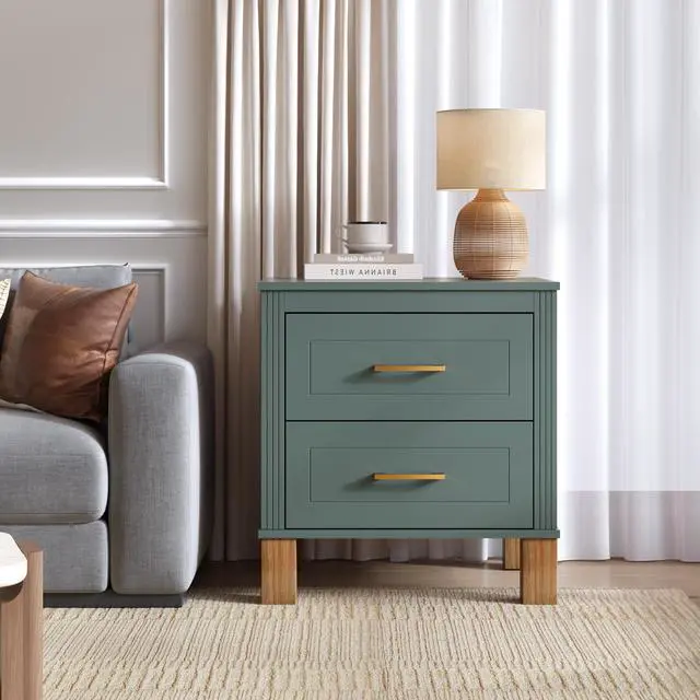 Alt view image 4 of 7 - 2 Drawer Nightstand, Premium Wood Storage With Elegant Fluted Design, Solid Wood Legs Nightstand With Metal Handle, Tall Bedside Table For Bedroom Living Room,Blue