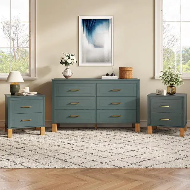 Alt view image 6 of 7 - 2 Drawer Nightstand, Premium Wood Storage With Elegant Fluted Design, Solid Wood Legs Nightstand With Metal Handle, Tall Bedside Table For Bedroom Living Room,Blue