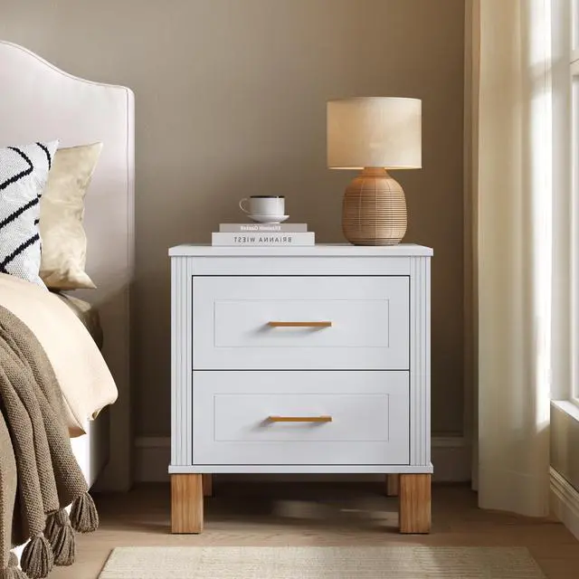 Alt view image 2 of 7 - 2 Drawer Nightstand, Premium Wood Storage With Elegant Fluted Design, Solid Wood Legs Nightstand With Metal Handle, Tall Bedside Table For Bedroom Living Room, White