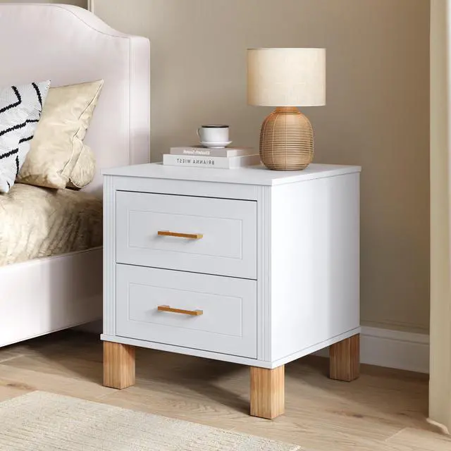 Alt view image 3 of 7 - 2 Drawer Nightstand, Premium Wood Storage With Elegant Fluted Design, Solid Wood Legs Nightstand With Metal Handle, Tall Bedside Table For Bedroom Living Room, White