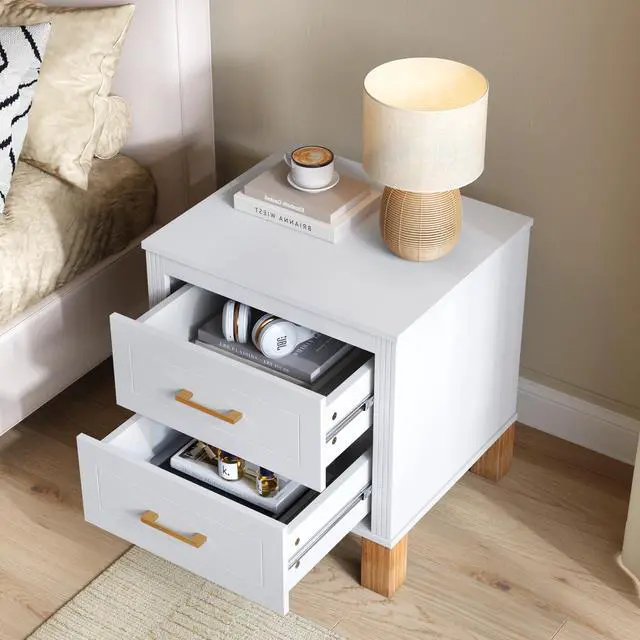 Main image of 2 Drawer Nightstand, Premium Wood Storage With Elegant Fluted Design, Solid Wood Legs Nightstand With Metal Handle, Tall Bedside Table For Bedroom Living Room, White