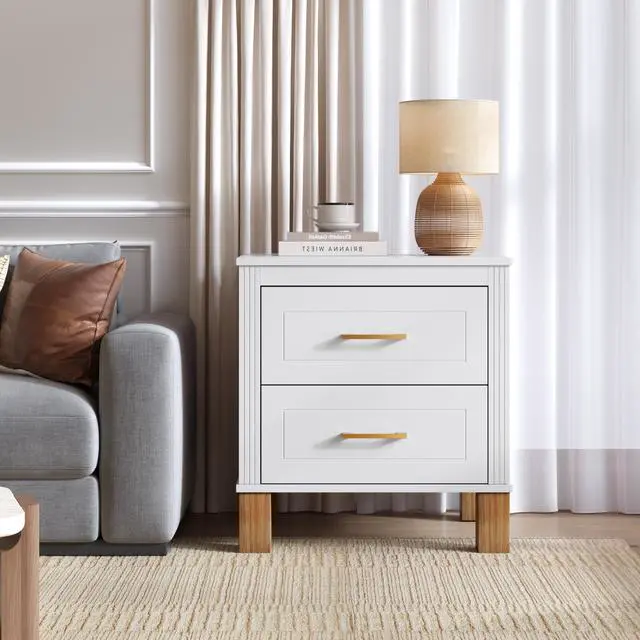 Alt view image 5 of 7 - 2 Drawer Nightstand, Premium Wood Storage With Elegant Fluted Design, Solid Wood Legs Nightstand With Metal Handle, Tall Bedside Table For Bedroom Living Room, White