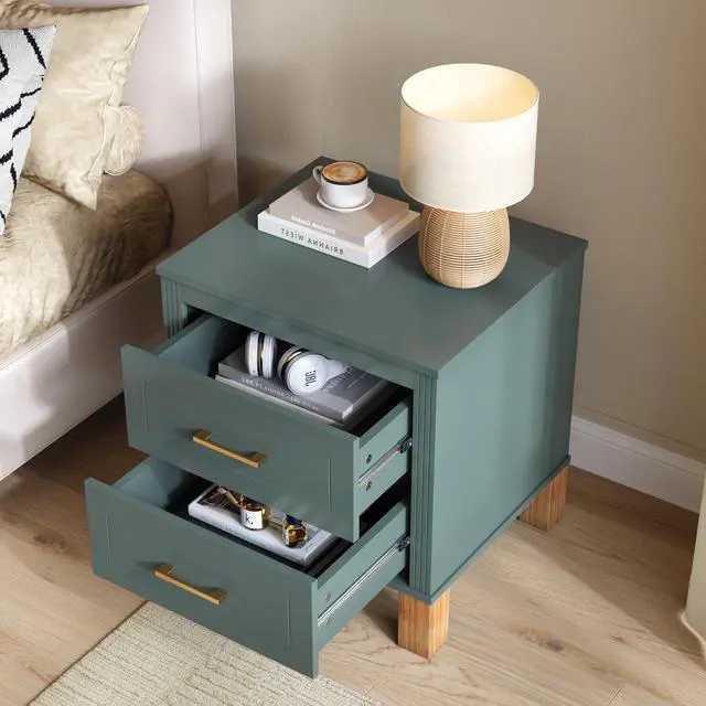 Alt view image 3 of 7 - 2 Drawer Nightstand, Premium Wood Storage With Elegant Fluted Design, Solid Wood Legs Nightstand With Metal Handle, Tall Bedside Table For Bedroom Living Room,Blue
