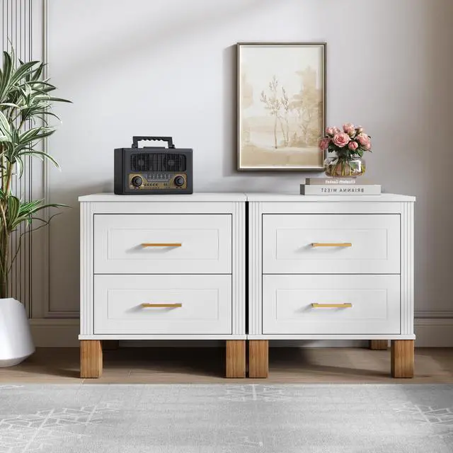 Alt view image 4 of 7 - 2 Drawer Nightstand, Premium Wood Storage With Elegant Fluted Design, Solid Wood Legs Nightstand With Metal Handle, Tall Bedside Table For Bedroom Living Room, White