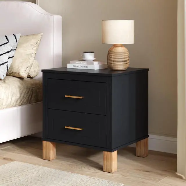 Alt view image 2 of 7 - 2 Drawer Nightstand, Premium Wood Storage With Elegant Fluted Design, Solid Wood Legs Nightstand With Metal Handle, Tall Bedside Table For Bedroom Living Room, Black