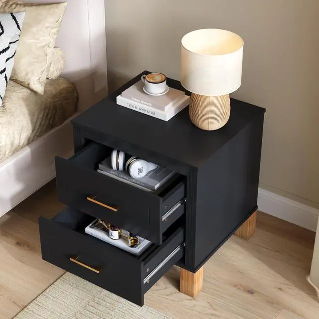 Alt view image 4 of 7 - 2 Drawer Nightstand, Premium Wood Storage With Elegant Fluted Design, Solid Wood Legs Nightstand With Metal Handle, Tall Bedside Table For Bedroom Living Room, Black