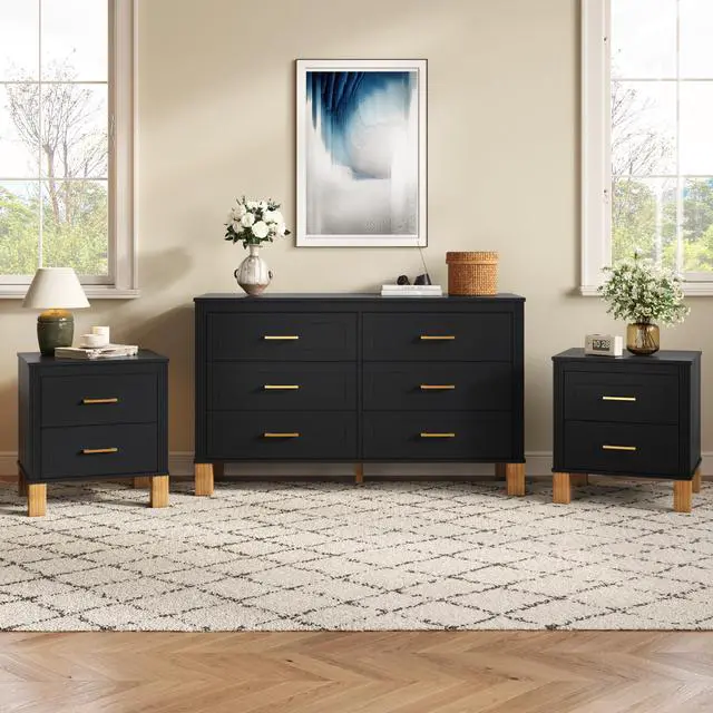 Alt view image 5 of 7 - 2 Drawer Nightstand, Premium Wood Storage With Elegant Fluted Design, Solid Wood Legs Nightstand With Metal Handle, Tall Bedside Table For Bedroom Living Room, Black