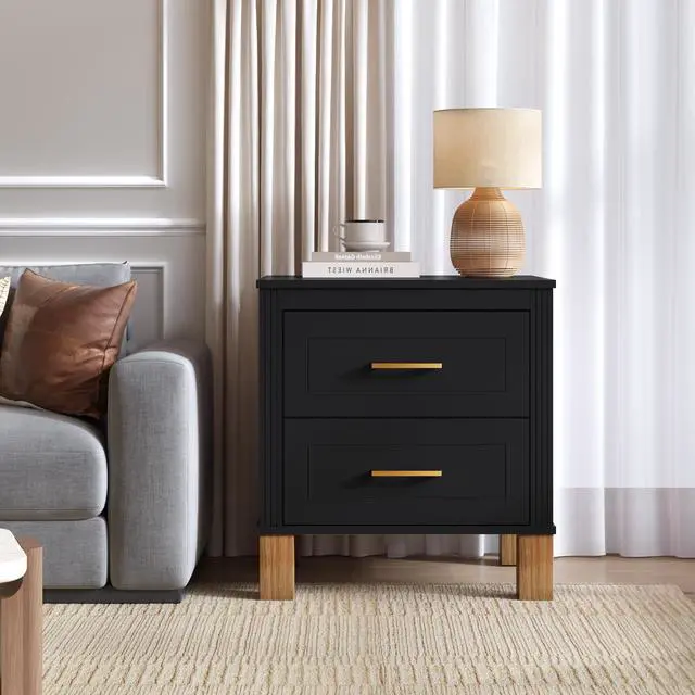 Alt view image 3 of 7 - 2 Drawer Nightstand, Premium Wood Storage With Elegant Fluted Design, Solid Wood Legs Nightstand With Metal Handle, Tall Bedside Table For Bedroom Living Room, Black