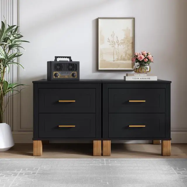 Alt view image 6 of 7 - 2 Drawer Nightstand, Premium Wood Storage With Elegant Fluted Design, Solid Wood Legs Nightstand With Metal Handle, Tall Bedside Table For Bedroom Living Room, Black