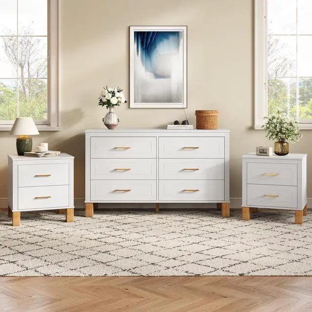 Alt view image 6 of 7 - 2 Drawer Nightstand, Premium Wood Storage With Elegant Fluted Design, Solid Wood Legs Nightstand With Metal Handle, Tall Bedside Table For Bedroom Living Room, White