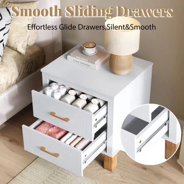 Alt view image 7 of 7 - 2 Drawer Nightstand, Premium Wood Storage With Elegant Fluted Design, Solid Wood Legs Nightstand With Metal Handle, Tall Bedside Table For Bedroom Living Room, White