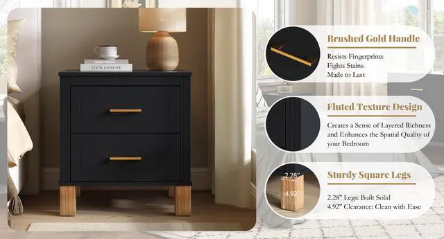 Alt view image 7 of 7 - 2 Drawer Nightstand, Premium Wood Storage With Elegant Fluted Design, Solid Wood Legs Nightstand With Metal Handle, Tall Bedside Table For Bedroom Living Room, Black