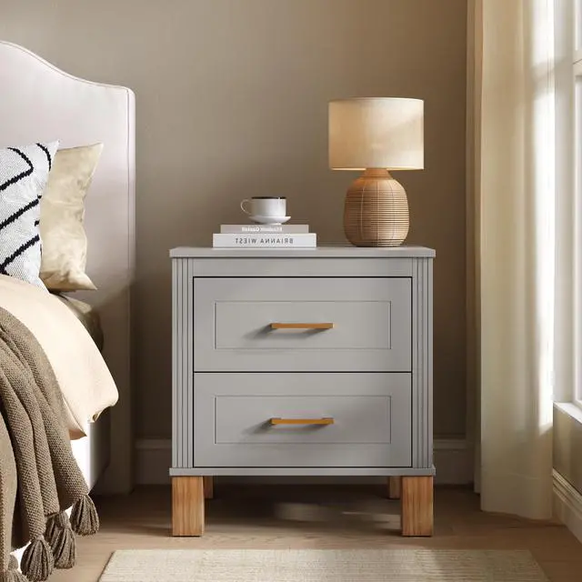 Alt view image 2 of 7 - 2 Drawer Nightstand, Premium Wood Storage With Elegant Fluted Design, Solid Wood Legs Nightstand With Metal Handle, Tall Bedside Table For Bedroom Living Room,Gray