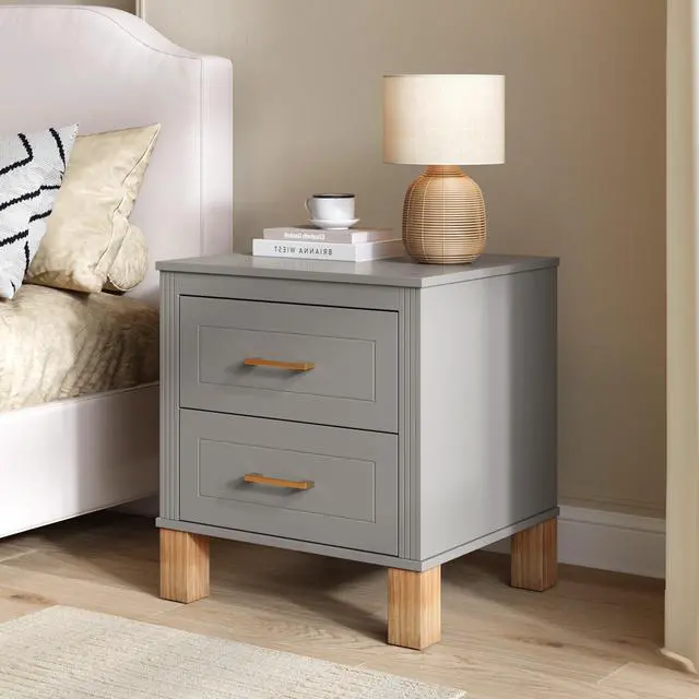 Alt view image 3 of 7 - 2 Drawer Nightstand, Premium Wood Storage With Elegant Fluted Design, Solid Wood Legs Nightstand With Metal Handle, Tall Bedside Table For Bedroom Living Room,Gray