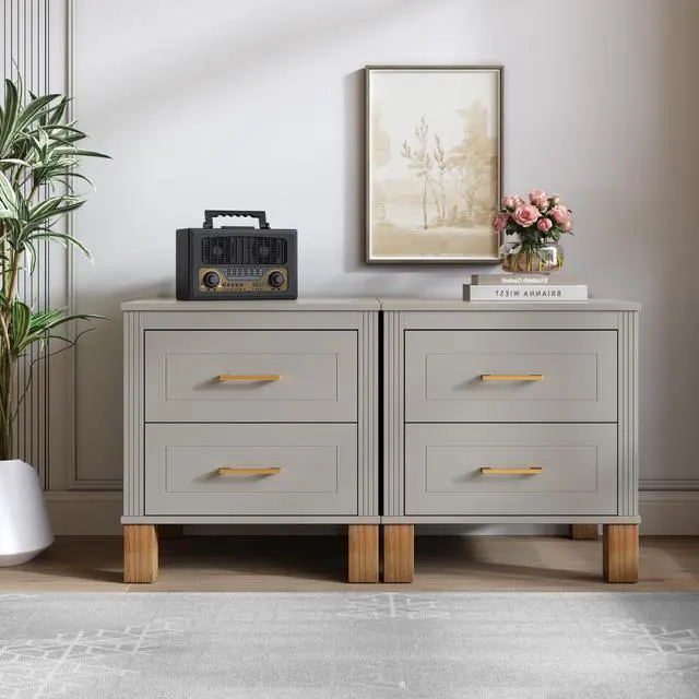 Alt view image 5 of 7 - 2 Drawer Nightstand, Premium Wood Storage With Elegant Fluted Design, Solid Wood Legs Nightstand With Metal Handle, Tall Bedside Table For Bedroom Living Room,Gray