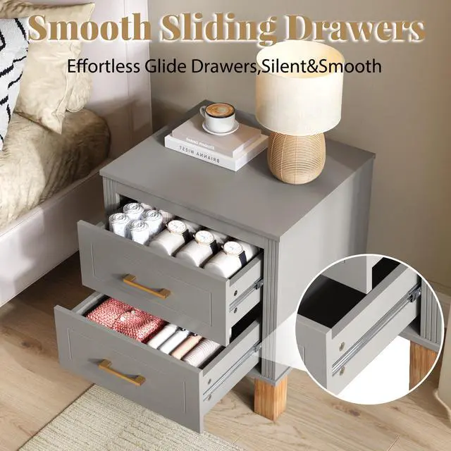 Alt view image 6 of 7 - 2 Drawer Nightstand, Premium Wood Storage With Elegant Fluted Design, Solid Wood Legs Nightstand With Metal Handle, Tall Bedside Table For Bedroom Living Room,Gray