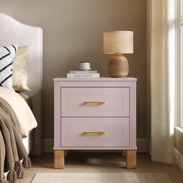Main image of 2 Drawer Nightstand, Premium Wood Storage With Elegant Fluted Design, Solid Wood Legs Nightstand With Metal Handle, Tall Bedside Table For Bedroom Living Room, Pink