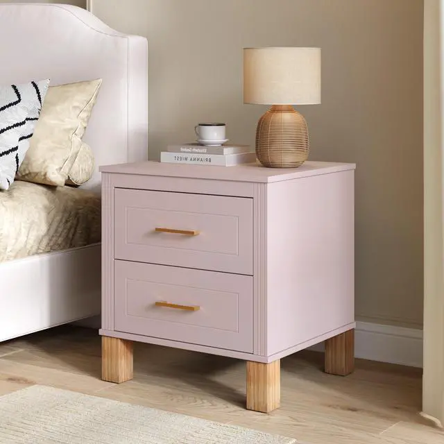Alt view image 2 of 7 - 2 Drawer Nightstand, Premium Wood Storage With Elegant Fluted Design, Solid Wood Legs Nightstand With Metal Handle, Tall Bedside Table For Bedroom Living Room, Pink