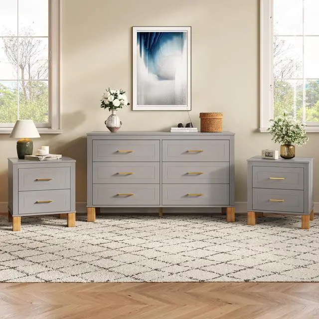 Alt view image 7 of 7 - 2 Drawer Nightstand, Premium Wood Storage With Elegant Fluted Design, Solid Wood Legs Nightstand With Metal Handle, Tall Bedside Table For Bedroom Living Room,Gray