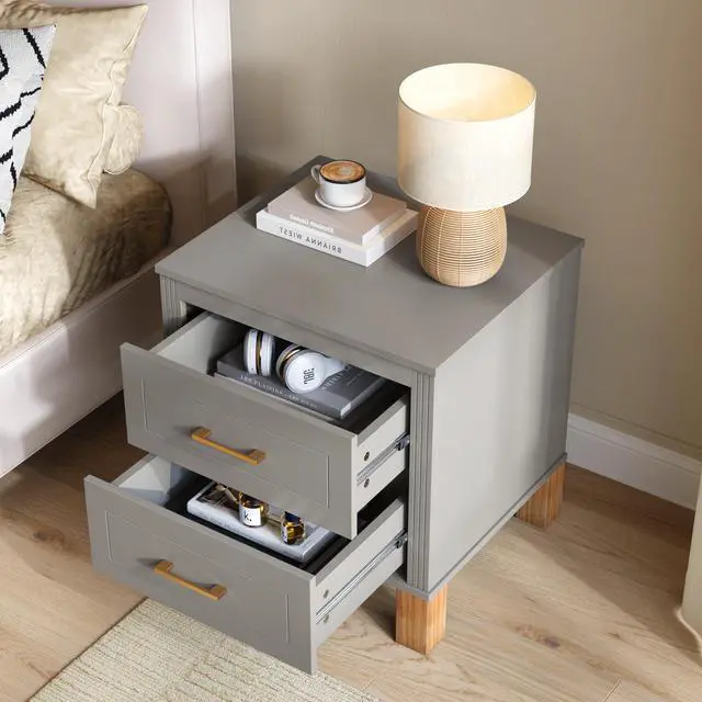 Alt view image 4 of 7 - 2 Drawer Nightstand, Premium Wood Storage With Elegant Fluted Design, Solid Wood Legs Nightstand With Metal Handle, Tall Bedside Table For Bedroom Living Room,Gray