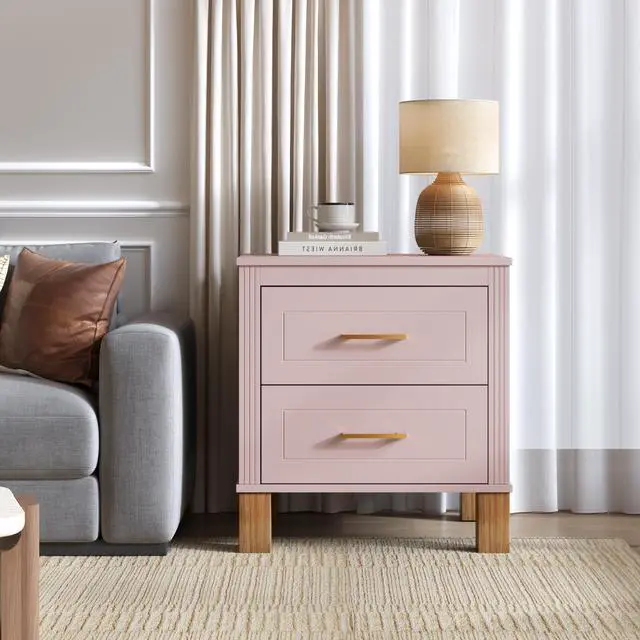 Alt view image 4 of 7 - 2 Drawer Nightstand, Premium Wood Storage With Elegant Fluted Design, Solid Wood Legs Nightstand With Metal Handle, Tall Bedside Table For Bedroom Living Room, Pink