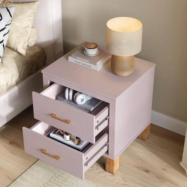 Alt view image 3 of 7 - 2 Drawer Nightstand, Premium Wood Storage With Elegant Fluted Design, Solid Wood Legs Nightstand With Metal Handle, Tall Bedside Table For Bedroom Living Room, Pink