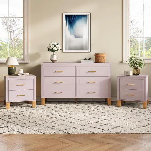 Alt view image 6 of 7 - 2 Drawer Nightstand, Premium Wood Storage With Elegant Fluted Design, Solid Wood Legs Nightstand With Metal Handle, Tall Bedside Table For Bedroom Living Room, Pink