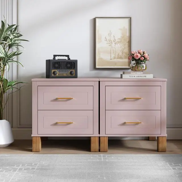 Alt view image 5 of 7 - 2 Drawer Nightstand, Premium Wood Storage With Elegant Fluted Design, Solid Wood Legs Nightstand With Metal Handle, Tall Bedside Table For Bedroom Living Room, Pink