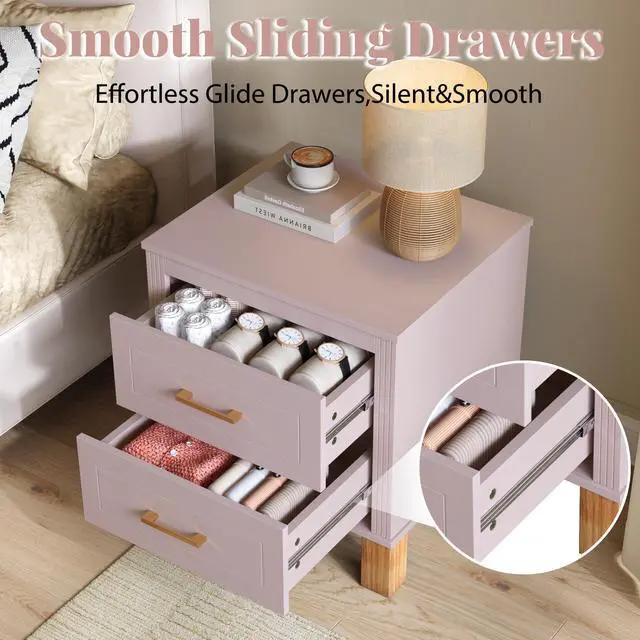 Alt view image 7 of 7 - 2 Drawer Nightstand, Premium Wood Storage With Elegant Fluted Design, Solid Wood Legs Nightstand With Metal Handle, Tall Bedside Table For Bedroom Living Room, Pink