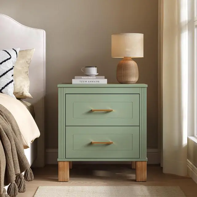 Alt view image 2 of 7 - 2 Drawer Nightstand, Premium Wood Storage With Elegant Fluted Design, Solid Wood Legs Nightstand With Metal Handle, Tall Bedside Table For Bedroom Living Room, Sage Green