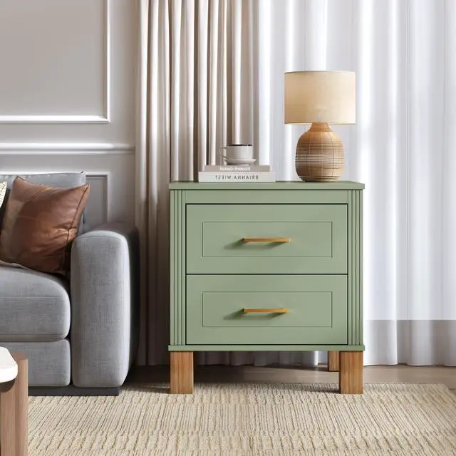 Main image of 2 Drawer Nightstand, Premium Wood Storage With Elegant Fluted Design, Solid Wood Legs Nightstand With Metal Handle, Tall Bedside Table For Bedroom Living Room, Sage Green