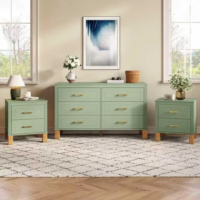 Alt view image 7 of 7 - 2 Drawer Nightstand, Premium Wood Storage With Elegant Fluted Design, Solid Wood Legs Nightstand With Metal Handle, Tall Bedside Table For Bedroom Living Room, Sage Green