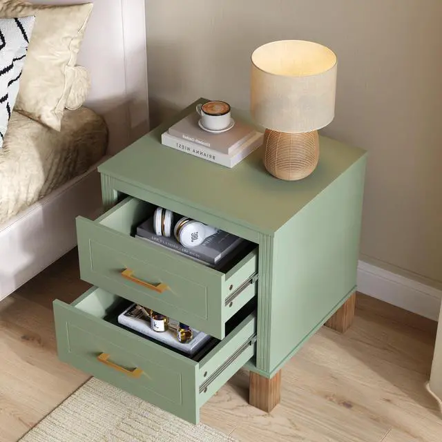Alt view image 4 of 7 - 2 Drawer Nightstand, Premium Wood Storage With Elegant Fluted Design, Solid Wood Legs Nightstand With Metal Handle, Tall Bedside Table For Bedroom Living Room, Sage Green