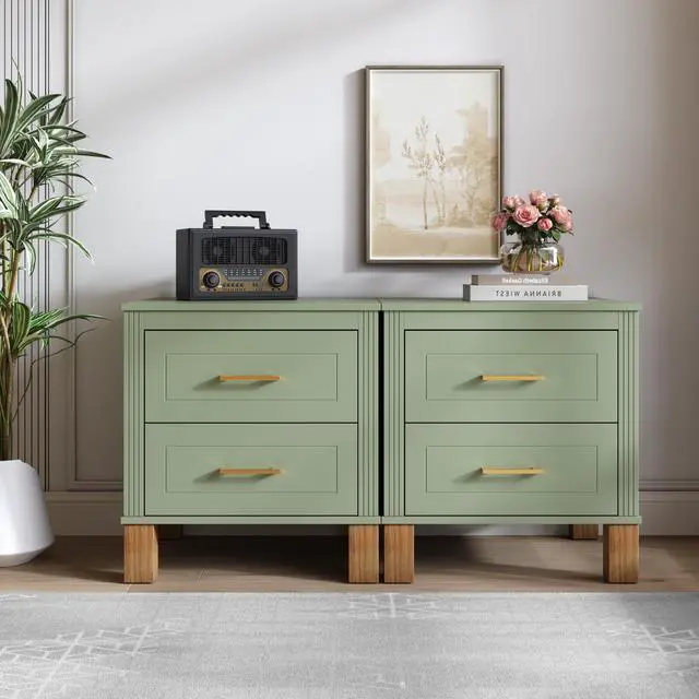 Alt view image 5 of 7 - 2 Drawer Nightstand, Premium Wood Storage With Elegant Fluted Design, Solid Wood Legs Nightstand With Metal Handle, Tall Bedside Table For Bedroom Living Room, Sage Green