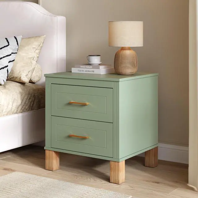 Alt view image 3 of 7 - 2 Drawer Nightstand, Premium Wood Storage With Elegant Fluted Design, Solid Wood Legs Nightstand With Metal Handle, Tall Bedside Table For Bedroom Living Room, Sage Green