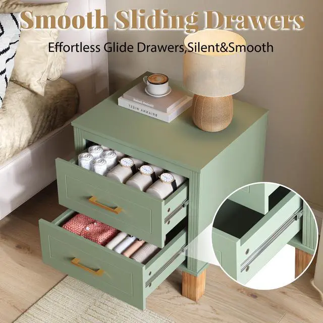 Alt view image 6 of 7 - 2 Drawer Nightstand, Premium Wood Storage With Elegant Fluted Design, Solid Wood Legs Nightstand With Metal Handle, Tall Bedside Table For Bedroom Living Room, Sage Green