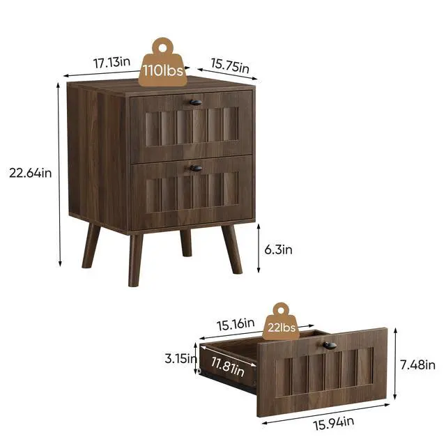 Alt view image 3 of 7 - Medieval-style modern double-drawer bedside table with solid wood legs, bedroom bedside table, bedroom side table, 15.75 x 15.75 x 22.64 inches, walnut color, 2-pack