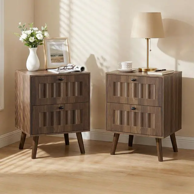 Alt view image 2 of 7 - Medieval-style modern double-drawer bedside table with solid wood legs, bedroom bedside table, bedroom side table, 15.75 x 15.75 x 22.64 inches, walnut color, 2-pack
