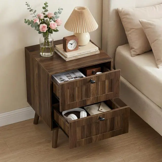 Alt view image 5 of 7 - Medieval-style modern double-drawer bedside table with solid wood legs, bedroom bedside table, bedroom side table, 15.75 x 15.75 x 22.64 inches, walnut color, 2-pack