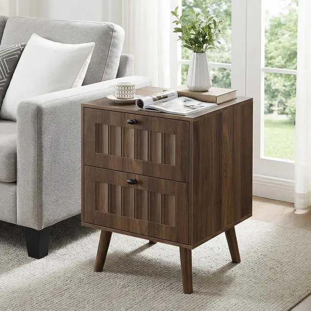 Alt view image 6 of 7 - Medieval-style modern double-drawer bedside table with solid wood legs, bedroom bedside table, bedroom side table, 15.75 x 15.75 x 22.64 inches, walnut color, 2-pack
