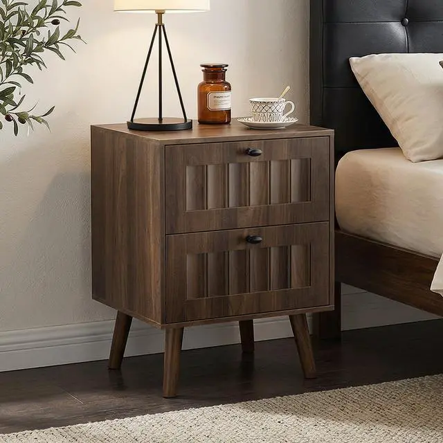 Alt view image 4 of 7 - Medieval-style modern double-drawer bedside table with solid wood legs, bedroom bedside table, bedroom side table, 15.75 x 15.75 x 22.64 inches, walnut color, 2-pack