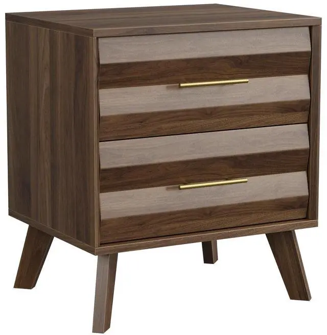 Main image of Walnut-Colored Double Drawer Bedside Table, Medieval-Style Modern Bedroom Bedside Storage Cabinet, Bedside Table With Metal Handles, Single Unit