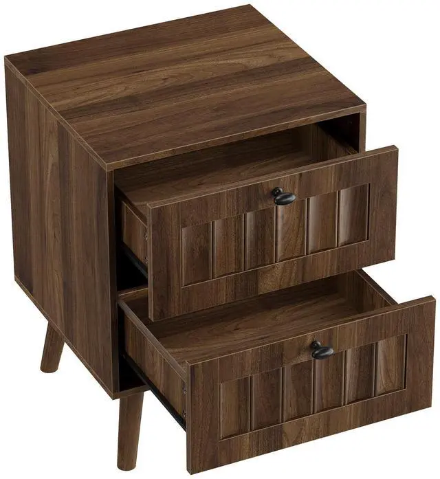 Main image of Medieval-style modern double-drawer bedside table with solid wood legs, bedroom bedside table, bedroom side table, 15.75 x 15.75 x 22.64 inches, walnut color, 2-pack