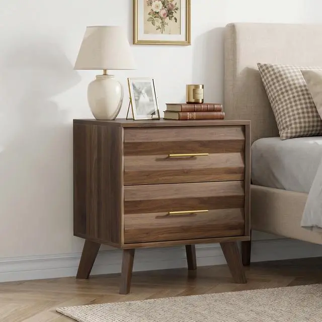 Alt view image 2 of 7 - Walnut-Colored Double Drawer Bedside Table, Medieval-Style Modern Bedroom Bedside Storage Cabinet, Bedside Table With Metal Handles, Single Unit