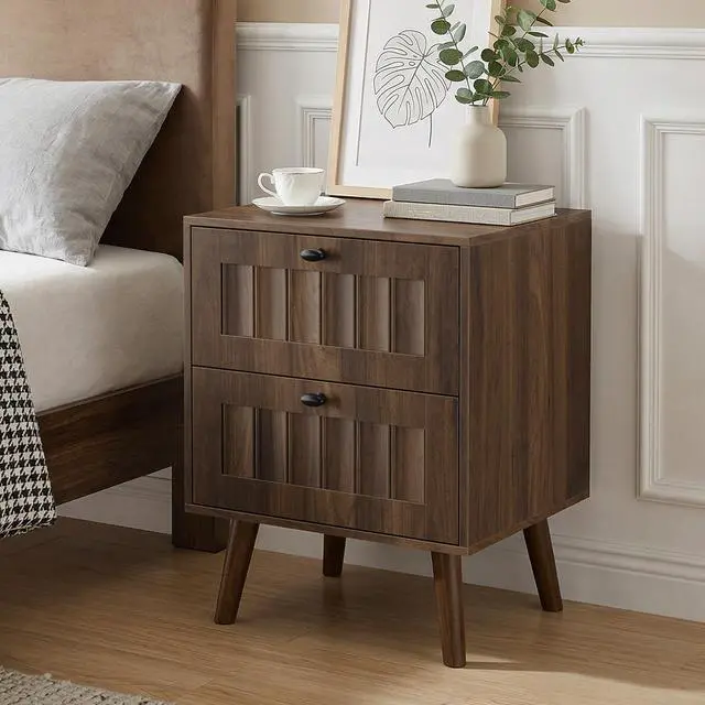 Alt view image 7 of 7 - Medieval-style modern double-drawer bedside table with solid wood legs, bedroom bedside table, bedroom side table, 15.75 x 15.75 x 22.64 inches, walnut color, 2-pack