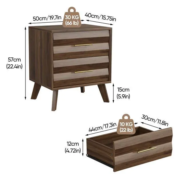 Alt view image 3 of 7 - Walnut-Colored Double Drawer Bedside Table, Medieval-Style Modern Bedroom Bedside Storage Cabinet, Bedside Table With Metal Handles, Single Unit